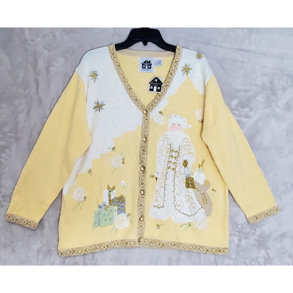 Vtg Storybook Knits Sweater Size 1X Father Christmas Santa Yellow Cardigan NWT
